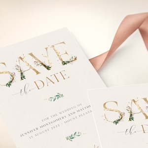 CLEO - Gouden Letters Bewaar de datumkaart, Afdrukbare Faux Gold Bewaar onze datumsjabloon, INSTANT DOWNLOAD, Afdrukbare bewerkbare Bewaar de datum