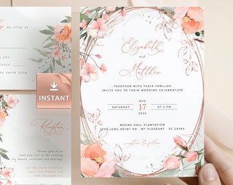 VENA - Blush Peonies Rosegold Wedding Invitation, Peony Rose Greenery Wedding Template, Green Roses Invitation Bundle, Printable Wedding Set