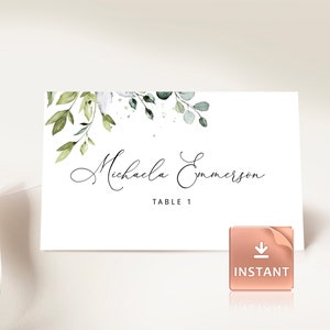 REESE - Cartão de nome de mesa para impressão, cartões de lugar de casamento, folhas verdes de aquarela de eucalipto, plano e dobrado em tenda, modelo Avery editável