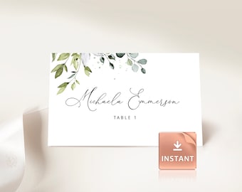 REESE - Printable Table Name Card, Wedding Place Cards, Eucalyptus Watercolor Greenery Leaves, Flat and Tentfolded, Editable Avery Template