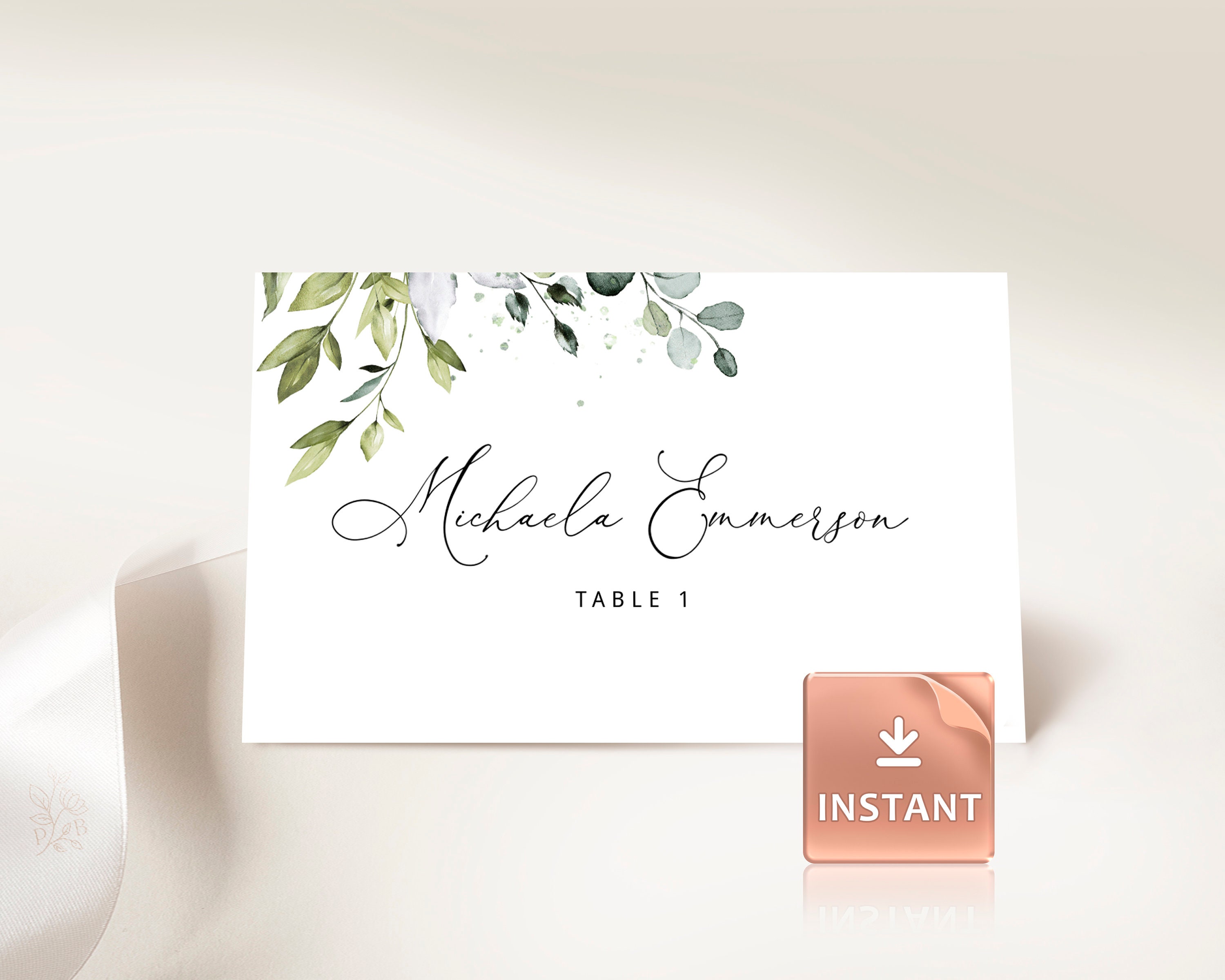 REESE - Printable Table Name Card, Wedding Place Cards, Eucalyptus  Watercolor Greenery Leaves, Flat and Tentfolded, Editable Avery Template Throughout Free Template For Place Cards 6 Per Sheet