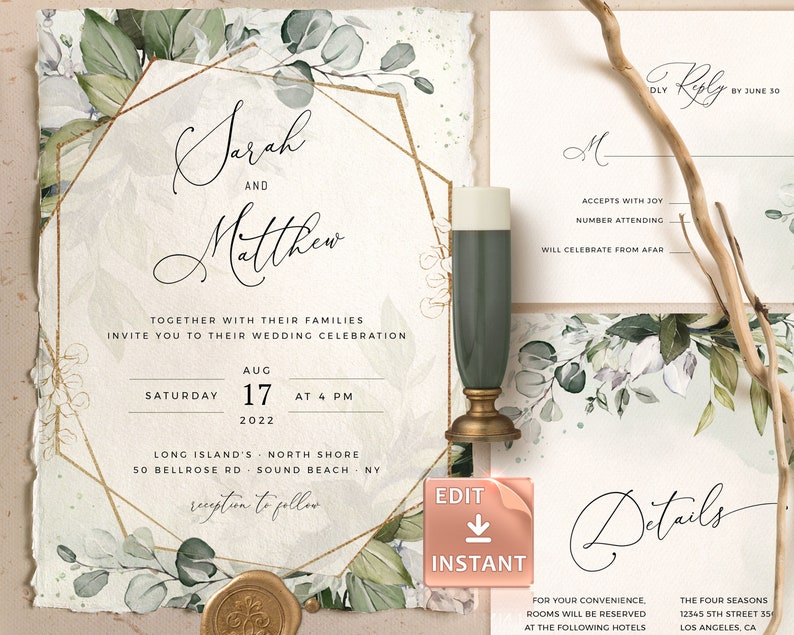Bohemian Wedding Suite Instant Download Boho Watercolor Eucalyptus Wedding Invite Template REESE Geometric Greenery Wedding Invitation