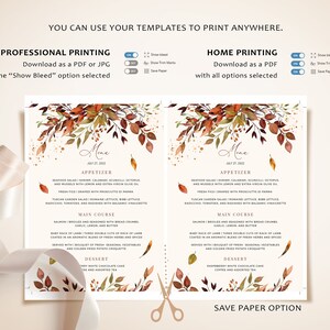 May include: A printable wedding menu template with a watercolor design of fall leaves in shades of orange, red, and yellow. The menu features a gold glitter background and the text "Menu" in a black font. The menu includes appetizers, main course, and dessert options.