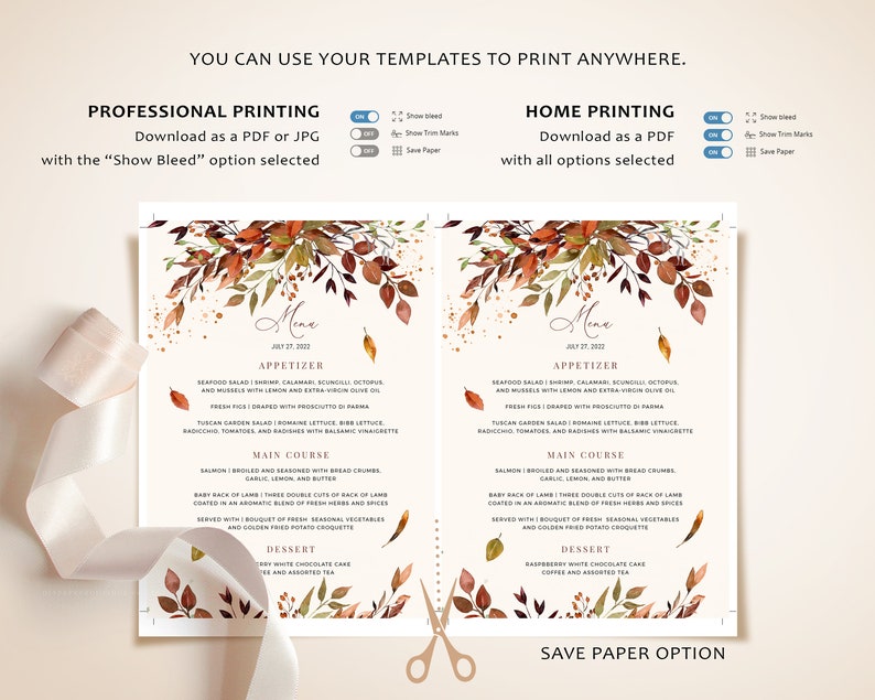 May include: A printable wedding menu template with a watercolor design of fall leaves in shades of orange, red, and yellow. The menu features a gold glitter background and the text "Menu" in a black font. The menu includes appetizers, main course, and dessert options.