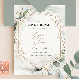 CLEO - Geometrische Eukalyptus und Gold Save the Date Karte, Boho druckbare Grün Vorlage, Sofort Download, druckbare bearbeitbare DIY