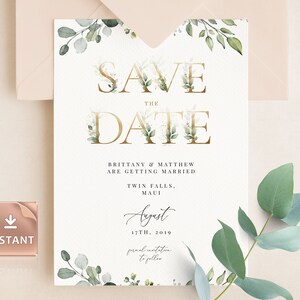 REESE - Gold Letter Save The Date Card avec Eucalyptus Aquarelle Greenery, Save the Date imprimable, INSTANT DOWNLOAD, Save Date Invitation