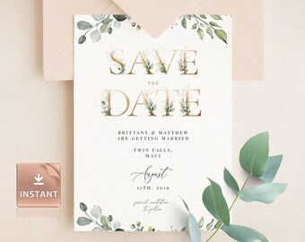 REESE - Gold Letter Save The Date Card with Eucalyptus Watercolor Greenery, Save the Date Printable, INSTANT DOWNLOAD, Save Date Invitation