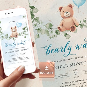 FUZZY - Blue We Can Bearly Wait, Boy Baby Shower Evite Template, Baby Bear Cup, Electronic Eucalyptus Baby Shower, Editable Bear Invitation