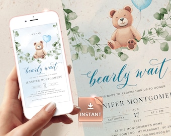 Szablon zaproszenia na baby shower Blue Bear: projekt Eucalyptus (elektroniczny)