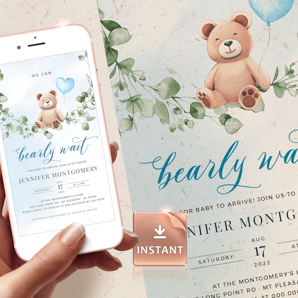 FUZZY - Blue We Can Bearly Wait, Boy Baby Shower Evite Template, Baby Bear Cup, Electronic Eucalyptus Baby Shower, Editable Bear Invitation