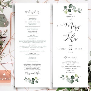 Minimalist Boho Wedding Programs Template, Watercolor Eucalyptus ...