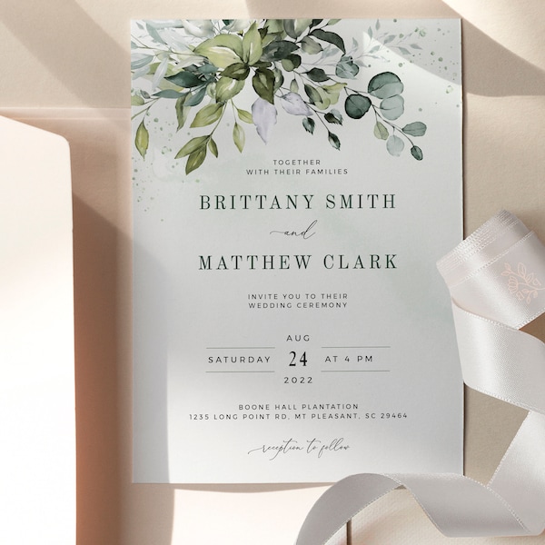 REESE - Eucalyptus Greenery Wedding Invitation Template, Boho Eucalyptus Greenery, Editable Download, Printable Bohemian Wedding Templates