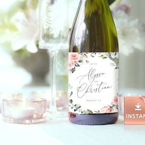 MIU - Wine Bottle Label Template, Printable Wedding Wine Sticker, Instant Download, Editable Text, Boho Peony Rose Greenery calligraphy
