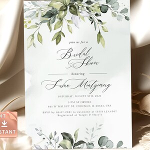 REESE - Greenery Bridal Shower Invitation Template, Eucalyptus Greenery Pale Blue, Instant Download, Printable, Editable Bridal Invites