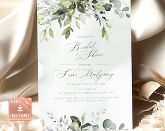 Eucalyptus Greenery Bridal Shower Invitation Template (Instant Download)
