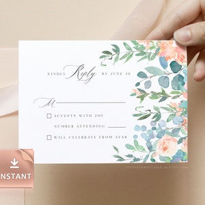 TIFF - Cartão RSVP rosa, cartões blush para impressão, cartão postal de resposta frente e verso, modelo editável, cartões de resposta para chuveiro, casamento, chá de panela, festa