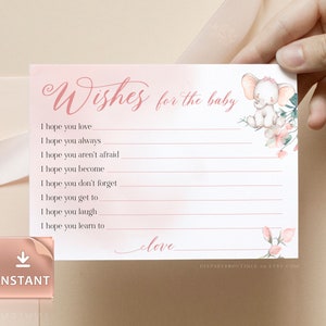 VREUGDE - Roze wensen voor baby-insert, baby shower-sjabloon, aquarel babyolifant-inserts voor meisjes, afdrukbare wensen voor baby shower-kaarten