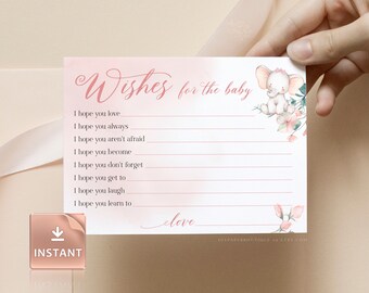 Pink Elephant Baby Shower Wishes Card Template (Digital Download)