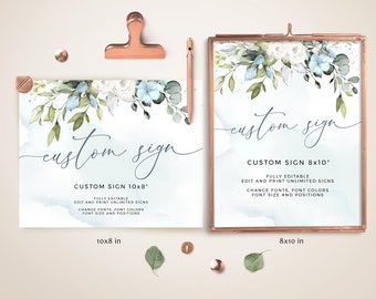 Pale Blue Wedding Sign Template: White Roses Decor (Digital Download)