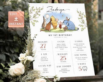 Winnie The Pooh 1st Birthday Milestone Board: Printable Sign (Editable Templett)