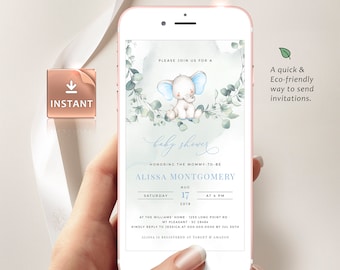Blue Baby Elephant Shower Evite: Eucalyptus Watercolor (Electronic, Editable)