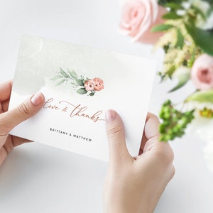 SIRI - Dusty Roses Printable Thank You Card, Dusty Roses Watercolor Greenery Leaves, Tent Folded Instant Download Editable Template
