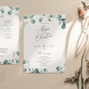Pode incluir: Convite de casamento com um design de aquarela de folhas e galhos de eucalipto. O convite é para Alyssa e Christian, e o casamento é no sábado, 27 de julho de 2019 às 16h.