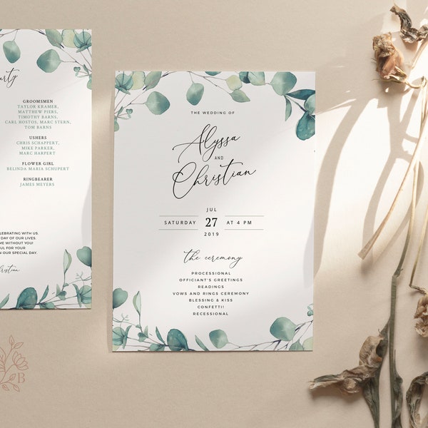 LAILA - Bohemian Wedding Program Template with Watercolor Eucalyptus Greenery, INSTANT Download, Editable, Printable Boho Ceremony Suite