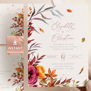SIENNA - Plantillas rústicas de invitación de boda de otoño, follaje de otoño y fuente caligráfica, invitación editable, matrimonio imprimible, invitaciones de paquete
