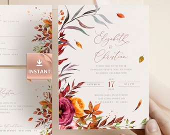 SIENNA - Rustic Fall Wedding Invitation Templates, Autumn Foliage and Calligraphic Font, Editable Invite, Printable Marriage, Bundle Invites