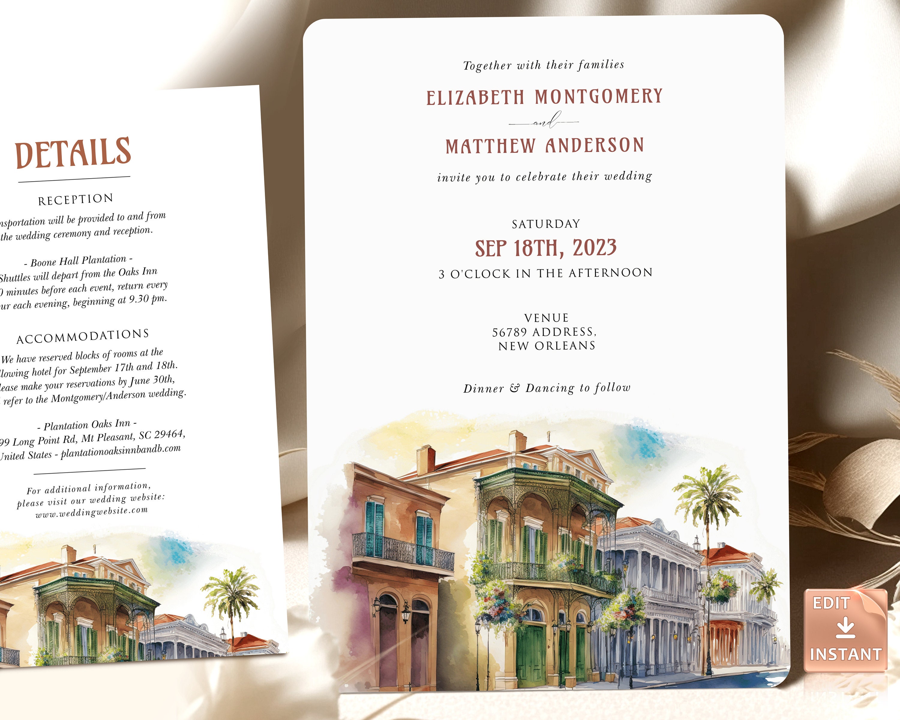 New Orleans Wedding Invitation: Vintage Script, Elegant Design (DIY Template)