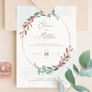 JA - Koperen salie groene bruiloft uitnodiging sjabloon, rustieke aquarel, bewerkbare afdrukbare briefpapier Suite, aangepaste Rosegold DIY downloaden