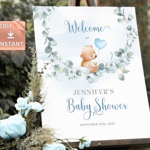 BooBoo - Blue Boy Bear Baby Shower Welcome Sign, Baby Shower Sign, Editable Welcome Sign, Welcome Sign, Welcome Poster Welcome Signage