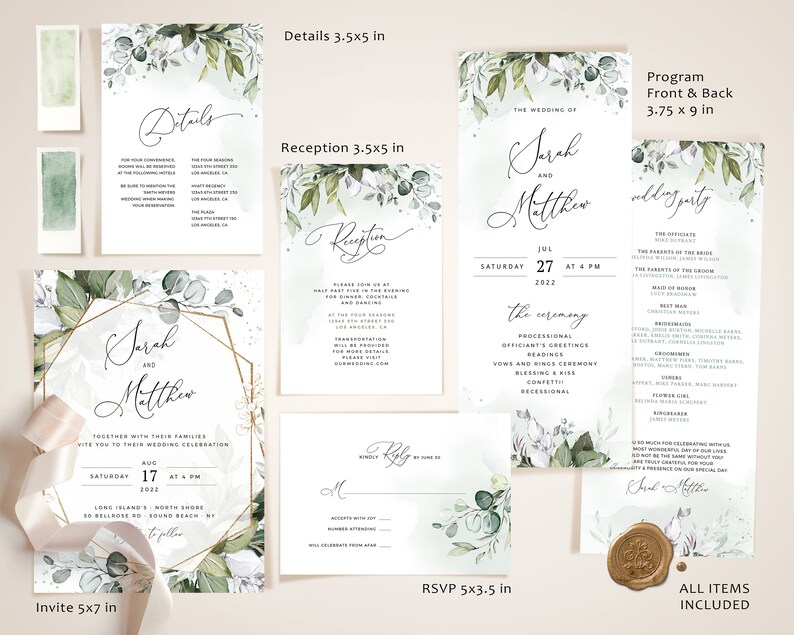 Bohemian Wedding Suite Instant Download Boho Watercolor Eucalyptus Wedding Invite Template REESE Geometric Greenery Wedding Invitation