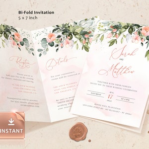 KYLIE - Blush Gefaltete Hochzeitseinladungsvorlage, Bi-Fold Hochzeitseinladungsvorlage, Hochzeitseinladungsvorlage herunterladen, faltbare Einladungskarte
