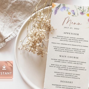 Menükarten Vorlage Wildblumen, Lila Blumen Hochzeit, Brautparty Brunch, Blumen Abendessen, druckbare bearbeitbare Download Vorlagen