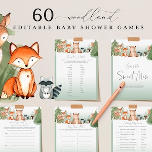 WOODLAND Editable Baby Shower Games, Printable Animal Baby Shower Games, Baby Party Games Bundle, Virtual Games, Bear Fox Squirrel Raccoon