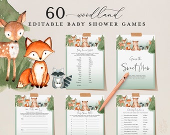 WOODLAND Editable Baby Shower Games, Printable Animal Baby Shower Games, Baby Party Games Bundle, Virtual Games, Bear Fox Squirrel Raccoon