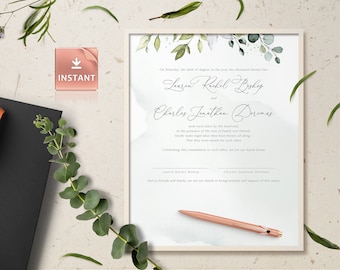 Greenery Wedding Certificate Template: Calligraphy Keepsake (Printable)