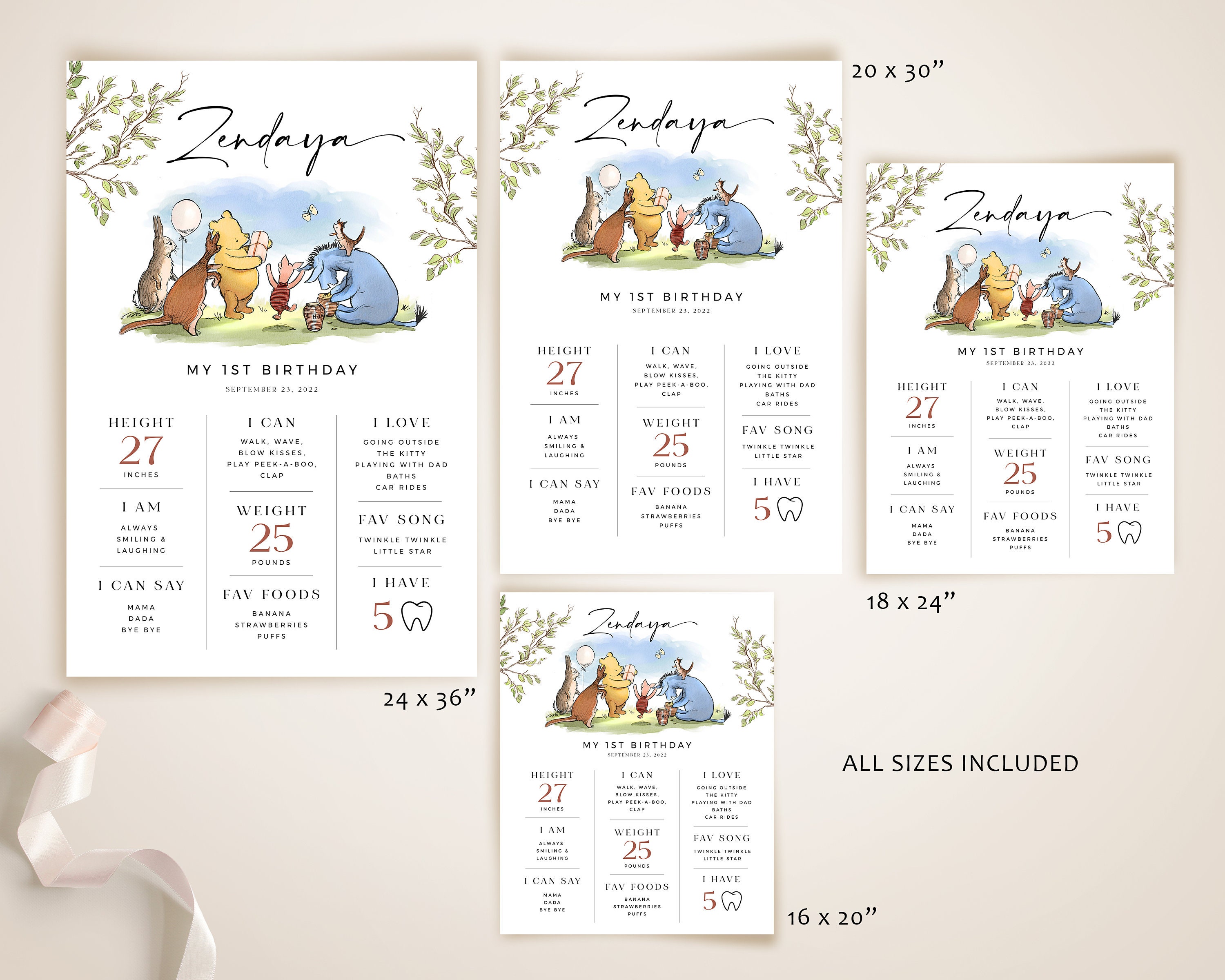 Winnie the Pooh 1st Birthday Milestone Board: Printable Sign (editable ...
