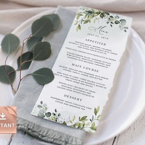 REESE - Modello di scheda menu verde, fogliame di eucalipto, matrimonio, addio al nubilato, brunch, cena, DOWNLOAD istantaneo, modelli modificabili stampabili
