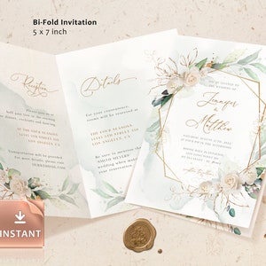 MARCI - Weiße Rose Gefaltete Hochzeitseinladungsvorlage, Bi-Fold Hochzeitseinladungsvorlage, Hochzeitseinladungen Herunterladen, faltbares Einladungsset