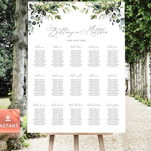 Greenery Wedding Seating Chart Template: Watercolor Design (Digital Download)