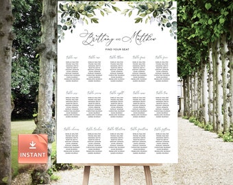 Greenery Wedding Seating Chart Template: Watercolor Design (Digital Download)