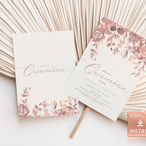 May include: A blush pink and gold floral Quincea&ntilde;era invitation with the text "Join us for a Quincea&ntilde;era honoring Consuela Fernanda Saturday, August 5th, 2023 6:00 PM at The Church 647 W. Walnut St. Chicago, IL 60661 USA RSVP by July 20th at [phone number] or [email address] Registered at Target & Macy's"