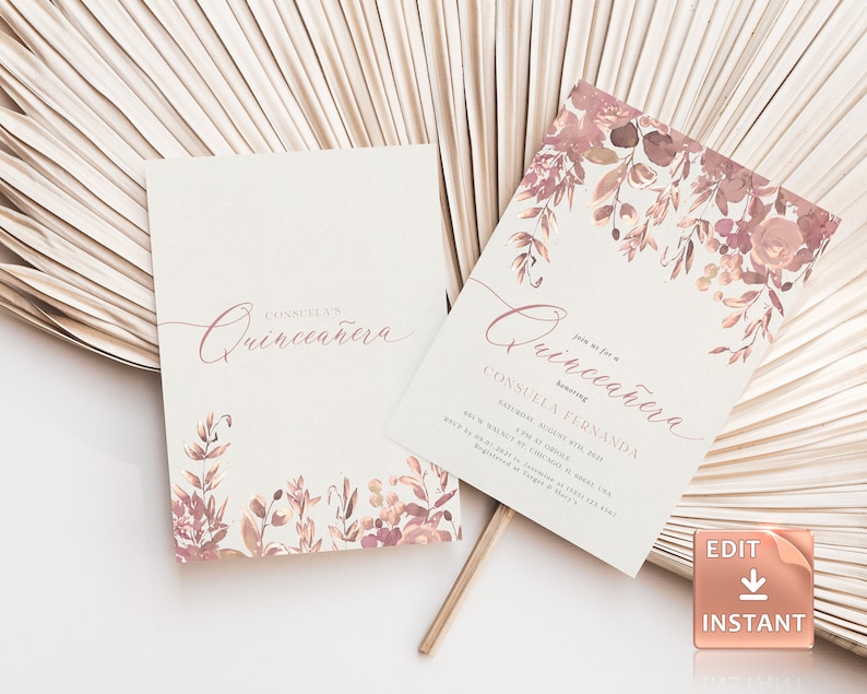 May include: A blush pink and gold floral Quincea&ntilde;era invitation with the text "Join us for a Quincea&ntilde;era honoring Consuela Fernanda Saturday, August 5th, 2023 6:00 PM at The Church 647 W. Walnut St. Chicago, IL 60661 USA RSVP by July 20th at [phone number] or [email address] Registered at Target & Macy's"