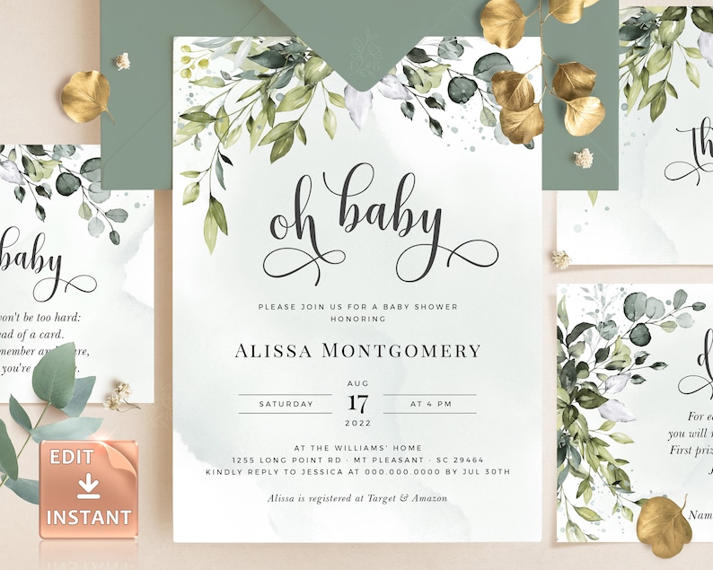 REESE - OH BABY Shower Invitation Bundle, Eucalyptus Greenery Baby Shower, Gender Neutral Baby Dinner Lunch, Printable Invite 