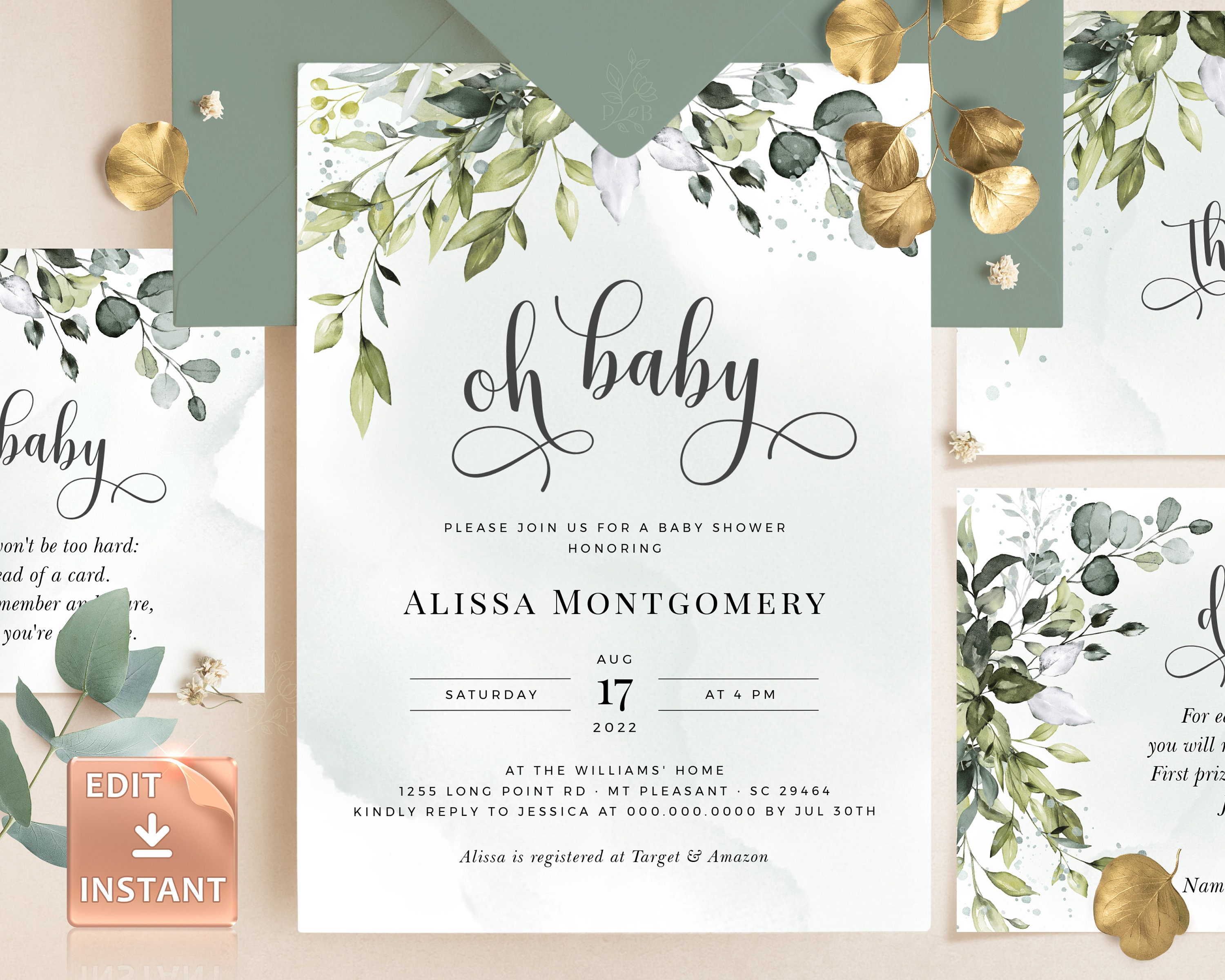 REESE OH BABY Shower Invitation Bundle Greenery -