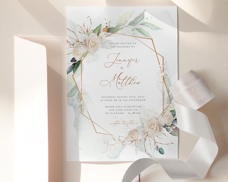 MARCI Geometrische Hochzeitseinladung Vorlage, Weiße Rose Faux Gold Hochzeitseinladungsvorlage, Hochzeitseinladung herunterladen, Invite Suite Kit Bild 9