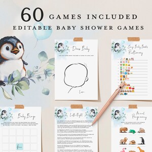 May include: A set of printable baby shower games featuring a penguin illustration. The games include "Draw Baby", "Easy Baby Books Pictionary", "Baby Bingo", "Left-Right", and "Animal Pregnancy".